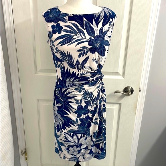Chaps Dresses & Skirts - Chaps Floral Navy and White Fitted Dress Gathered Twist at Hip Boat Neck Size M